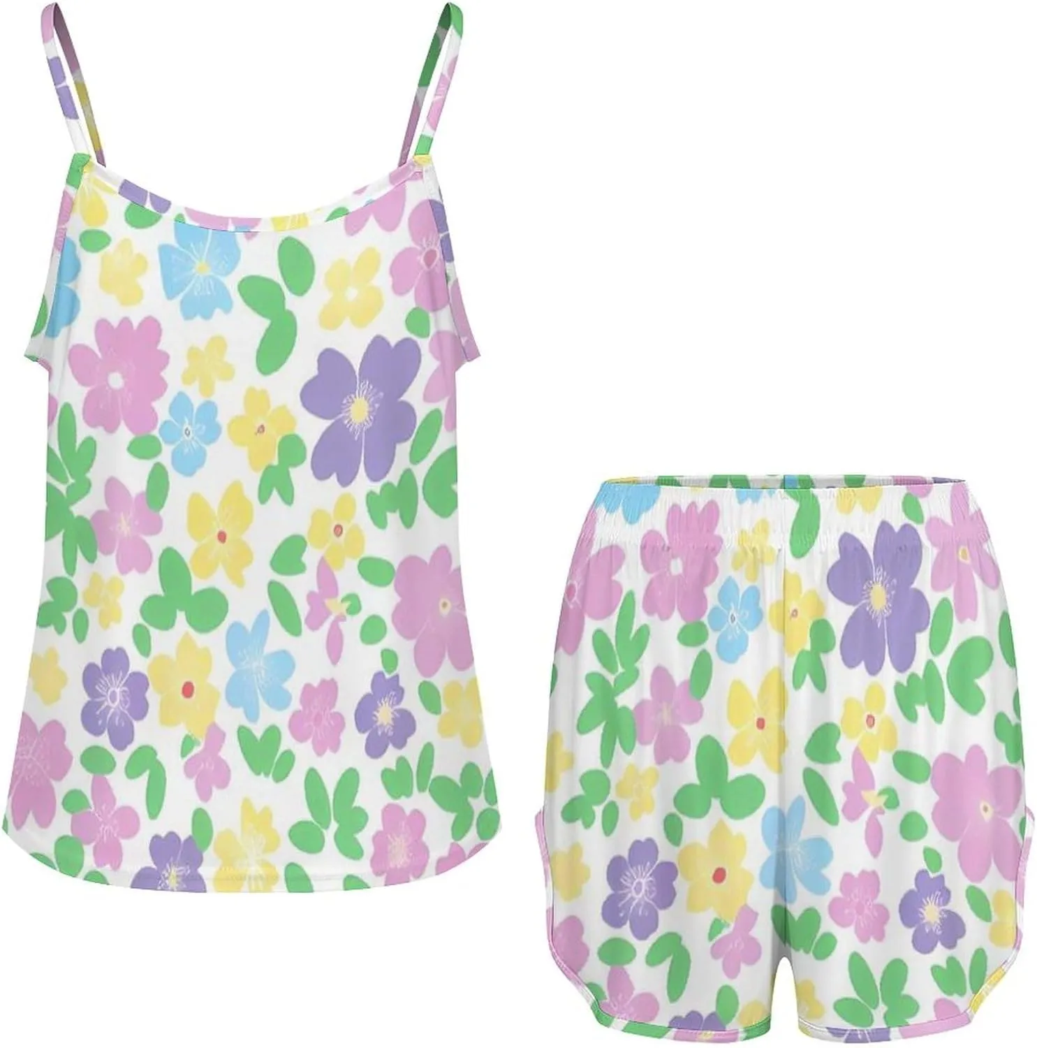 Pastel Floral Pattern Flowers Prints Pajamas for Women Set 2 Piece Pjs Silk Sleepwear Loungewear Sleeveless Top And Short