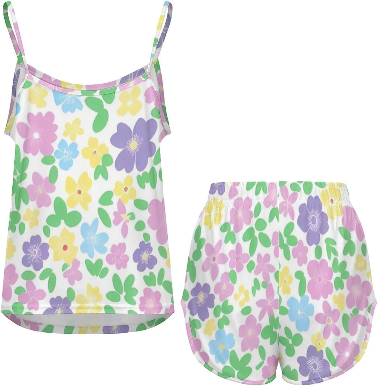 Pastel Floral Pattern Flowers Prints Pajamas for Women Set 2 Piece Pjs Silk Sleepwear Loungewear Sleeveless Top And Short