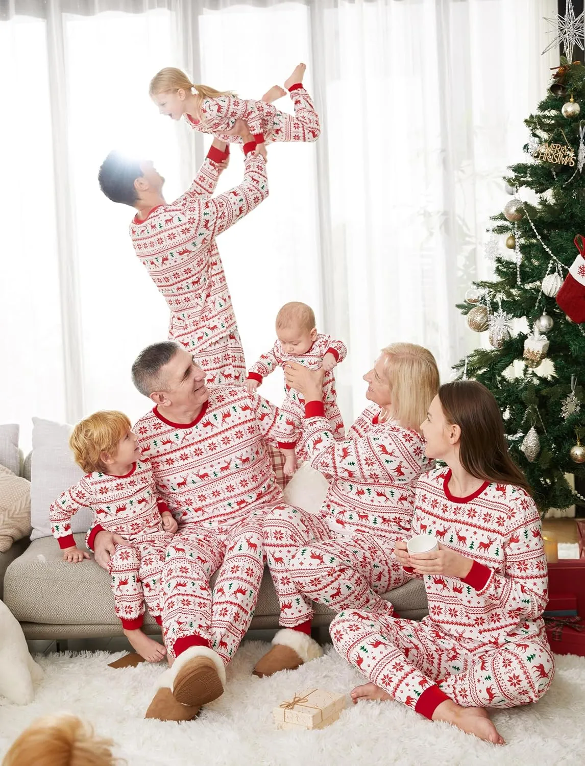 PATPAT Family Christmas Pjs Matching Sets Reindeer and Snowflake Patterned Sleepwear Xmas PJS Set for Couples and Kids