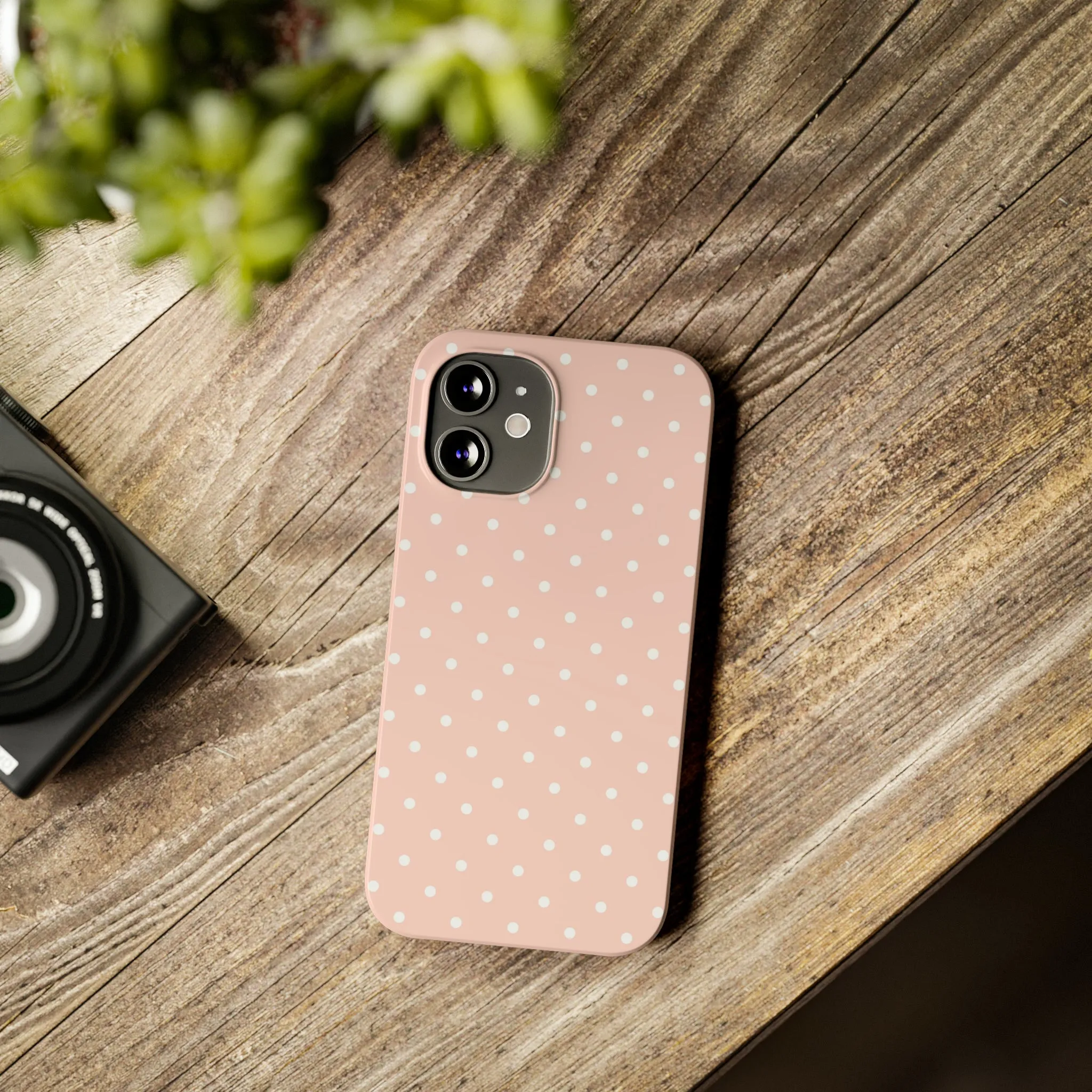 Pink background White Polka Dots Design Sleek Elegance Wireless-Charging Compatible Phone Case Slim Phone Case compatible with over 20 iphone models