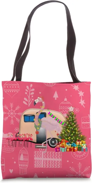 pink christmas camper trailer flamingo santa claus ugly xmas Tote Bag
