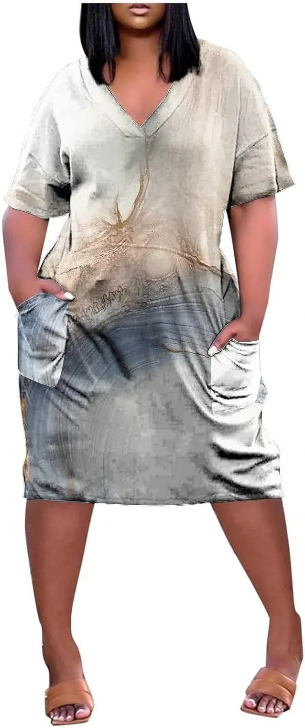 Plus Size Dresses for Curvy Women,2024 Summer Casual V Neck Short Sleeve T Shirt Dress with Pockets Daily Midi Dress