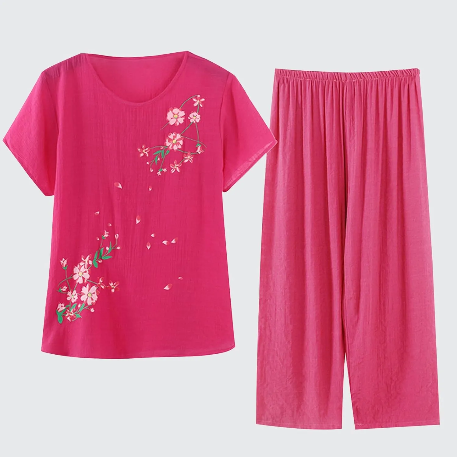 Plus Size Lounge Sets for Women Casual Summer Two Piece Outfits Cotton Linen Sets Short Sleeve Tops and Capri Pants