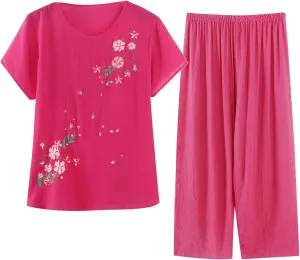 Plus Size Lounge Sets for Women Casual Summer Two Piece Outfits Cotton Linen Sets Short Sleeve Tops and Capri Pants