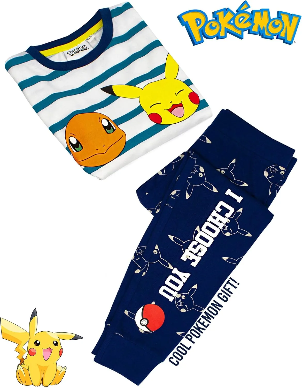 Pokemon Pajamas Pikachu Characters Kids Striped T Shirt & Trousers Pajamas