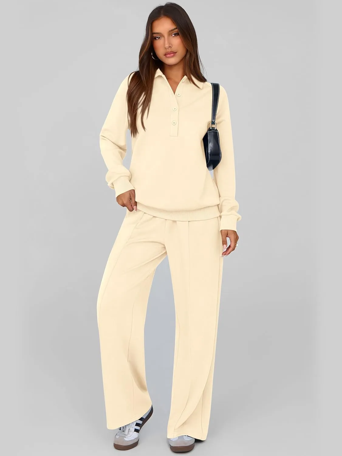 PRETTYGARDEN Women Fall 2 Piece Outfits Sweatsuits Quarter Button Long Sleeve Sweatshirt Wide Leg Pants Tracksuit Lounge Sets