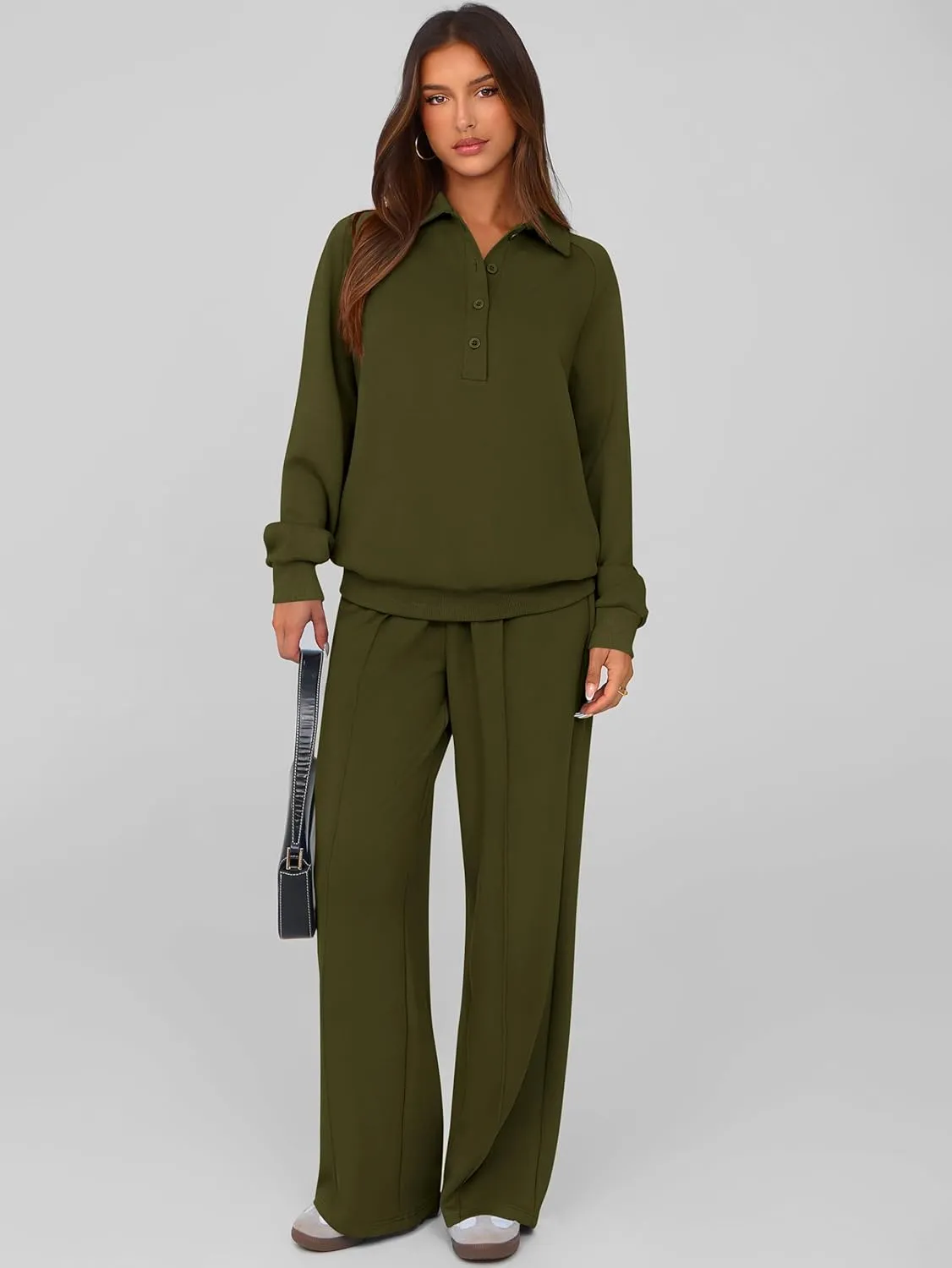 PRETTYGARDEN Women Fall 2 Piece Outfits Sweatsuits Quarter Button Long Sleeve Sweatshirt Wide Leg Pants Tracksuit Lounge Sets