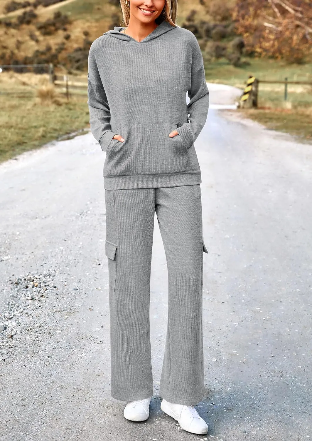 PRETTYGARDEN Women's 2 Piece Lounge Sets 2025 Fall Knitted Hoodie Pullover Tops Cargo Pants Matching Outfits Tracksuits