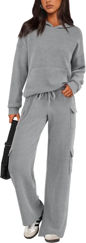 PRETTYGARDEN Women's 2 Piece Lounge Sets 2025 Fall Knitted Hoodie Pullover Tops Cargo Pants Matching Outfits Tracksuits