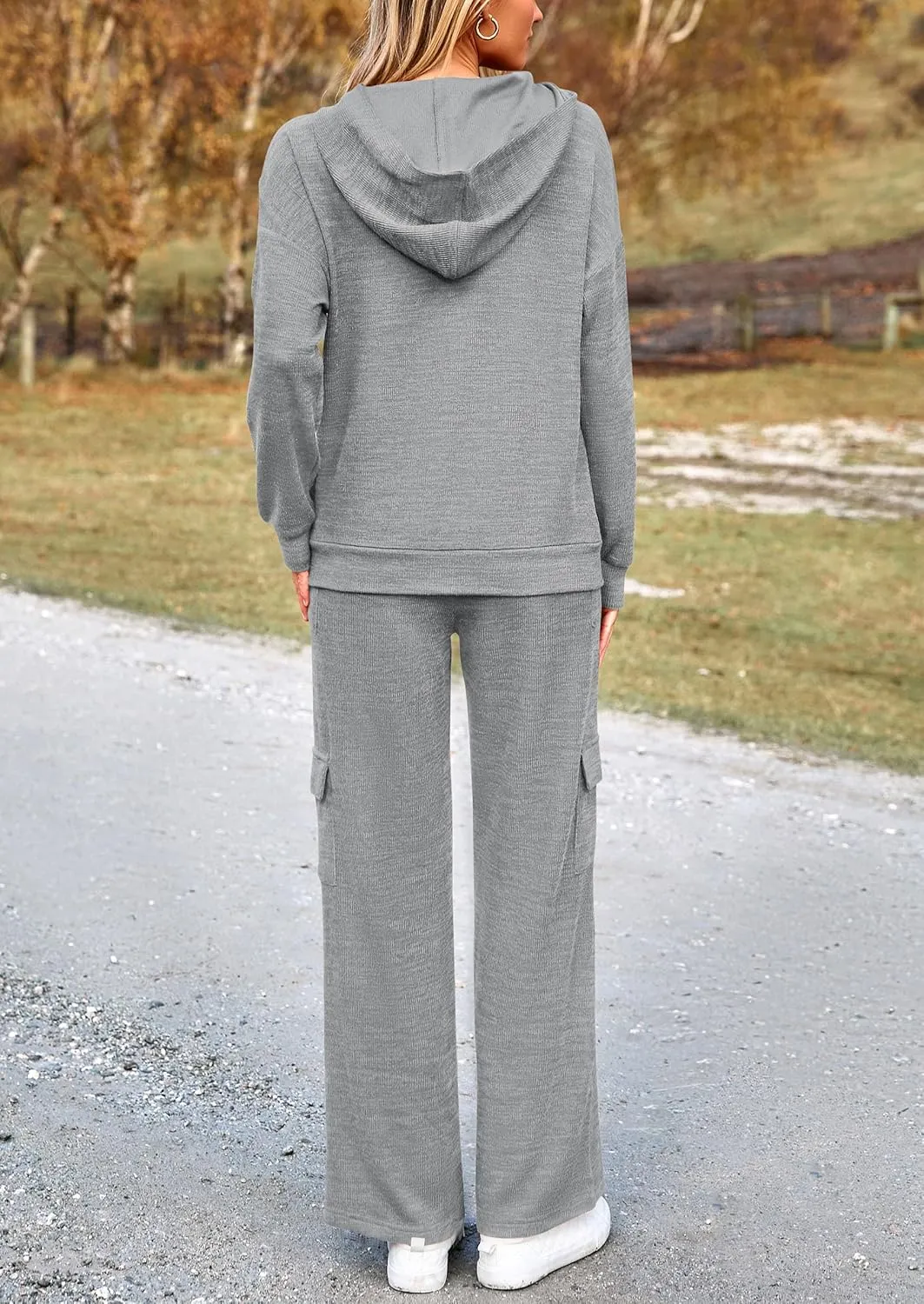 PRETTYGARDEN Women's 2 Piece Lounge Sets 2025 Fall Knitted Hoodie Pullover Tops Cargo Pants Matching Outfits Tracksuits