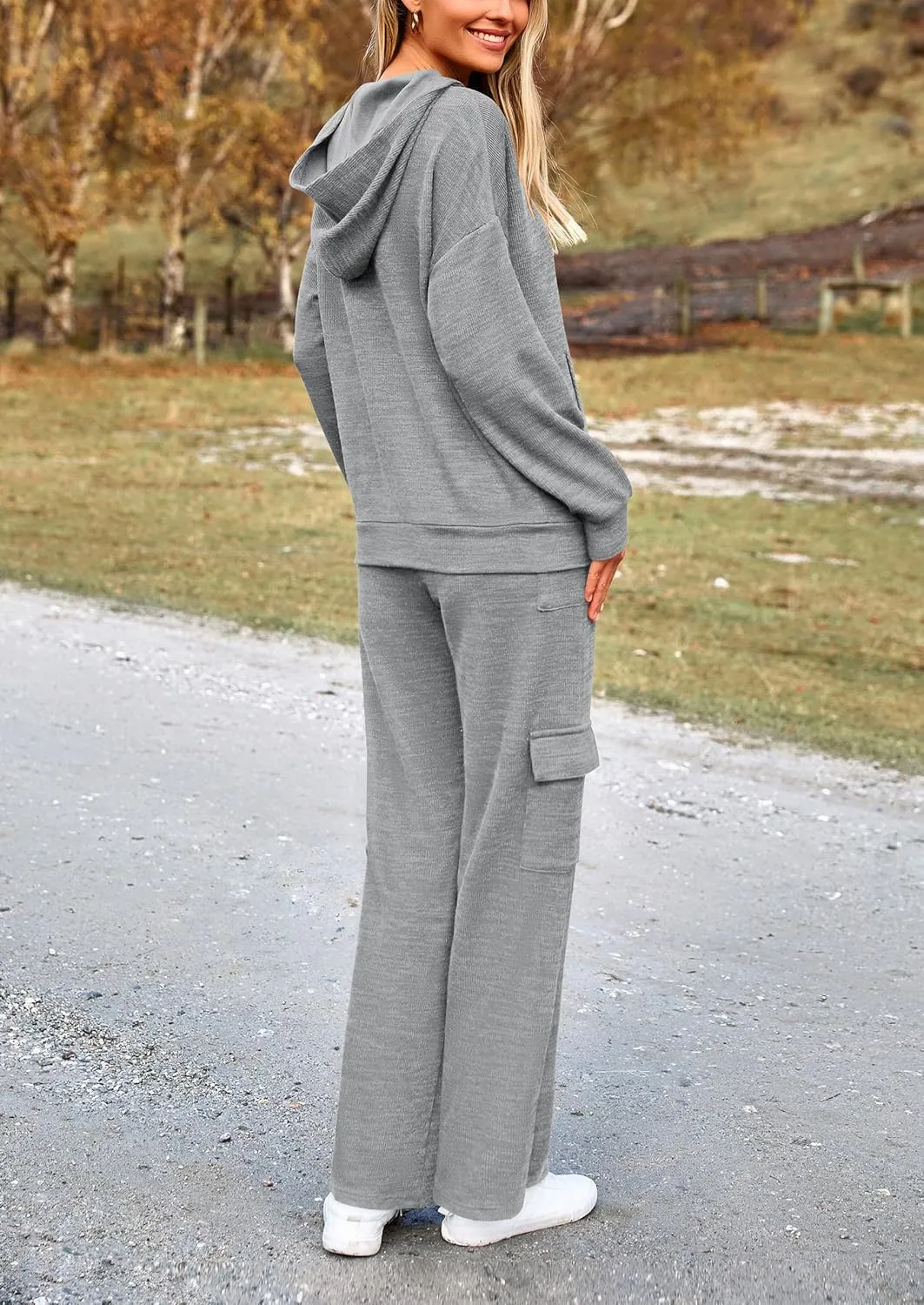 PRETTYGARDEN Women's 2 Piece Lounge Sets 2025 Fall Knitted Hoodie Pullover Tops Cargo Pants Matching Outfits Tracksuits