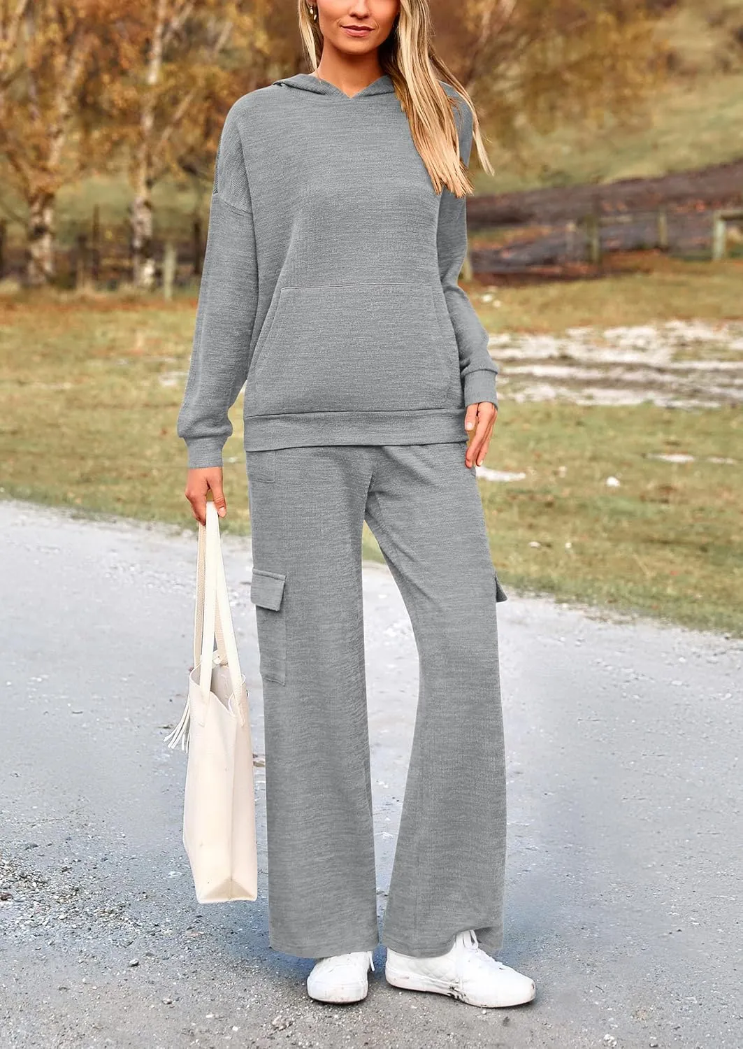 PRETTYGARDEN Women's 2 Piece Lounge Sets 2025 Fall Knitted Hoodie Pullover Tops Cargo Pants Matching Outfits Tracksuits