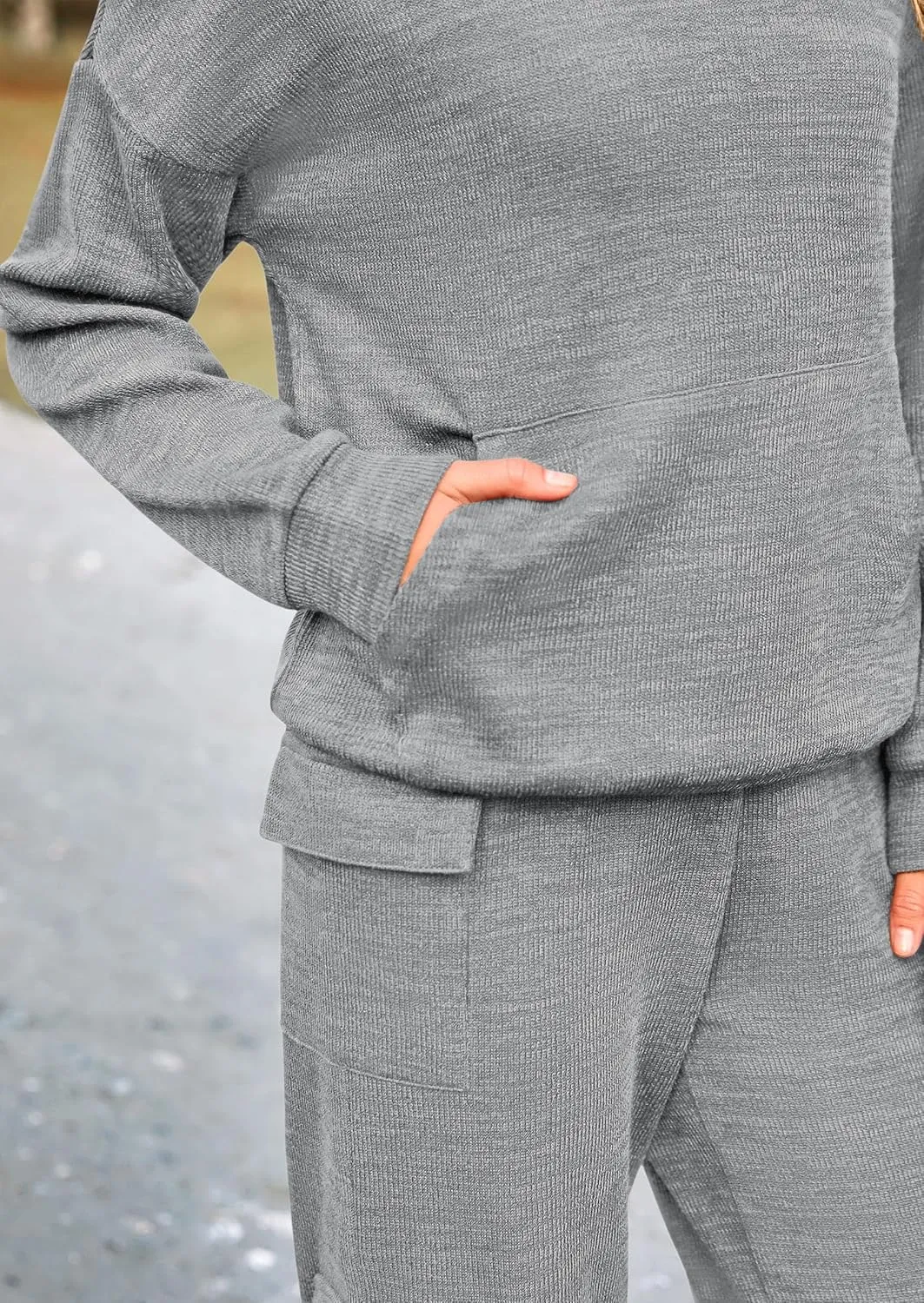PRETTYGARDEN Women's 2 Piece Lounge Sets 2025 Fall Knitted Hoodie Pullover Tops Cargo Pants Matching Outfits Tracksuits