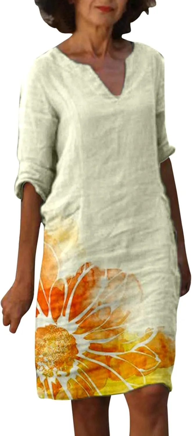 PTOLOCIF Boho Dresses for Women 2025 Cotton Linen Midi Dress Plus Size Short Sleeve Tshirt Dresses Crew Neck Shift Dress