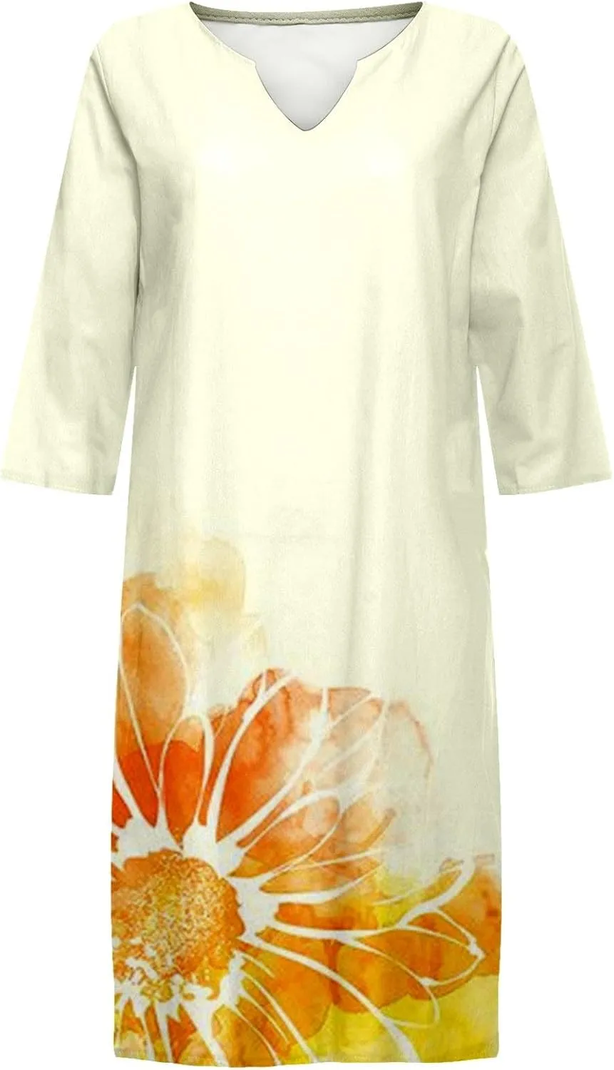 PTOLOCIF Boho Dresses for Women 2025 Cotton Linen Midi Dress Plus Size Short Sleeve Tshirt Dresses Crew Neck Shift Dress
