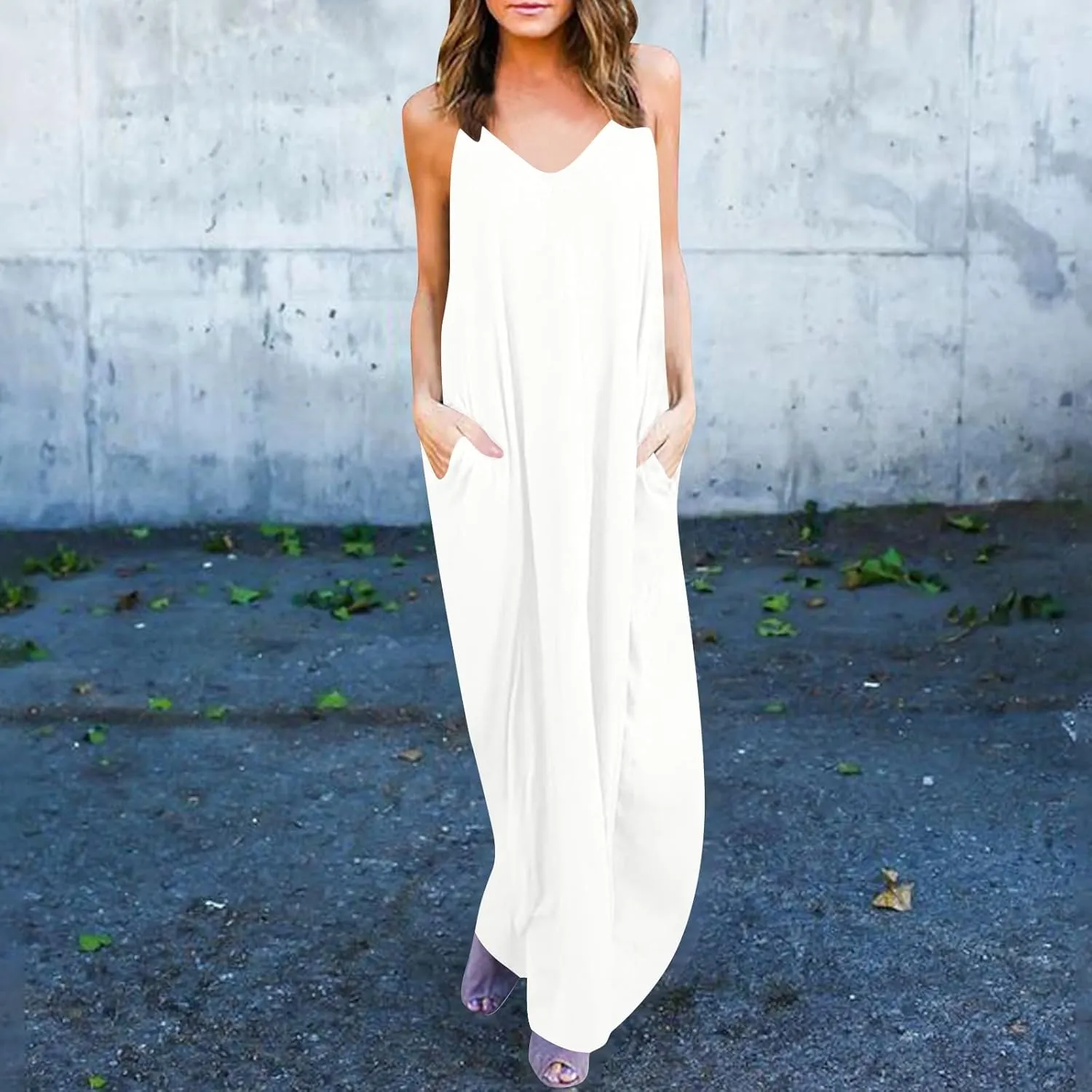 PTOLOCIF Dresses for Women 2025 Spaghetti Strap Backless Beach Tank Dress Casual Flowy Tired V Neck Maxi Dress with Pockets