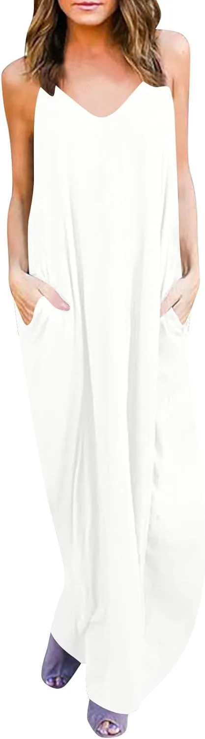 PTOLOCIF Dresses for Women 2025 Spaghetti Strap Backless Beach Tank Dress Casual Flowy Tired V Neck Maxi Dress with Pockets
