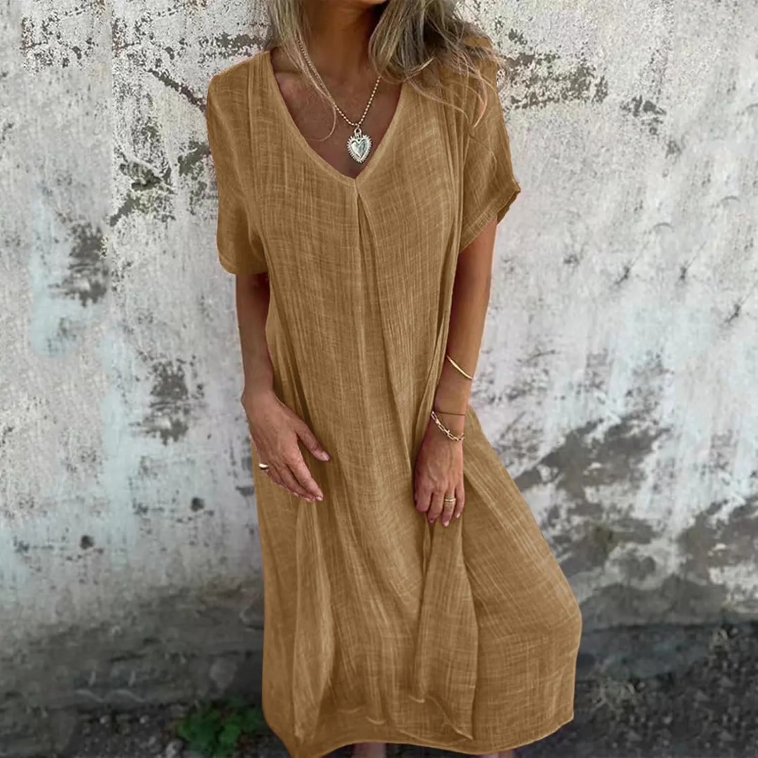 PTOLOCIF Midi Dress for Women,2025 Cotton Linen Summer Elegant V Neck Short Sleeve Beach Dress Trendy Flowy Boho Tshirt Dress