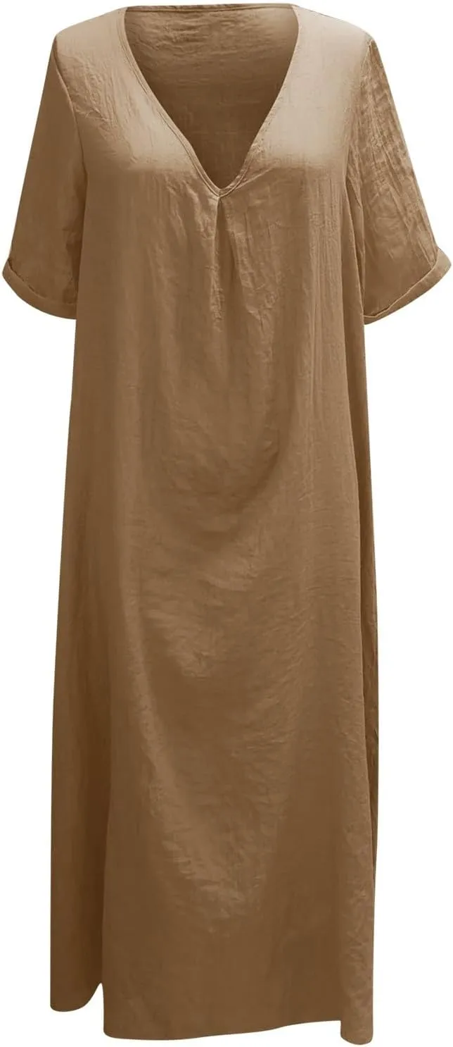 PTOLOCIF Midi Dress for Women,2025 Cotton Linen Summer Elegant V Neck Short Sleeve Beach Dress Trendy Flowy Boho Tshirt Dress