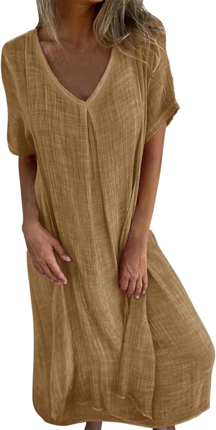 PTOLOCIF Midi Dress for Women,2025 Cotton Linen Summer Elegant V Neck Short Sleeve Beach Dress Trendy Flowy Boho Tshirt Dress