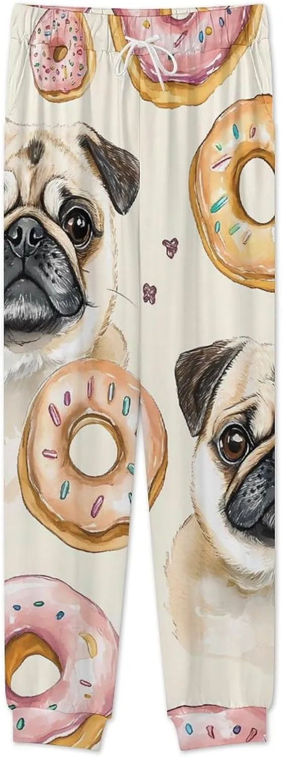 Pug And Donut Watercolor Soft Mens Pajamas Set Round Neck Pullover Long Sleeve And Pants Loungewear 2 Piece Pjs Set