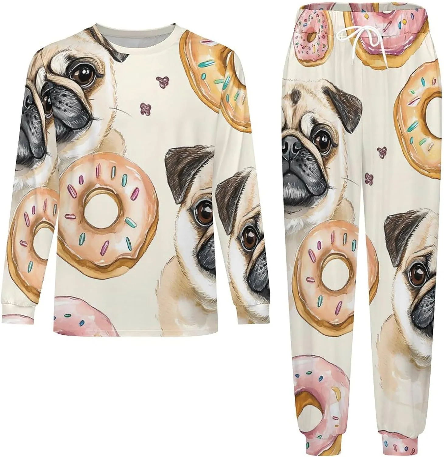 Pug And Donut Watercolor Soft Mens Pajamas Set Round Neck Pullover Long Sleeve And Pants Loungewear 2 Piece Pjs Set