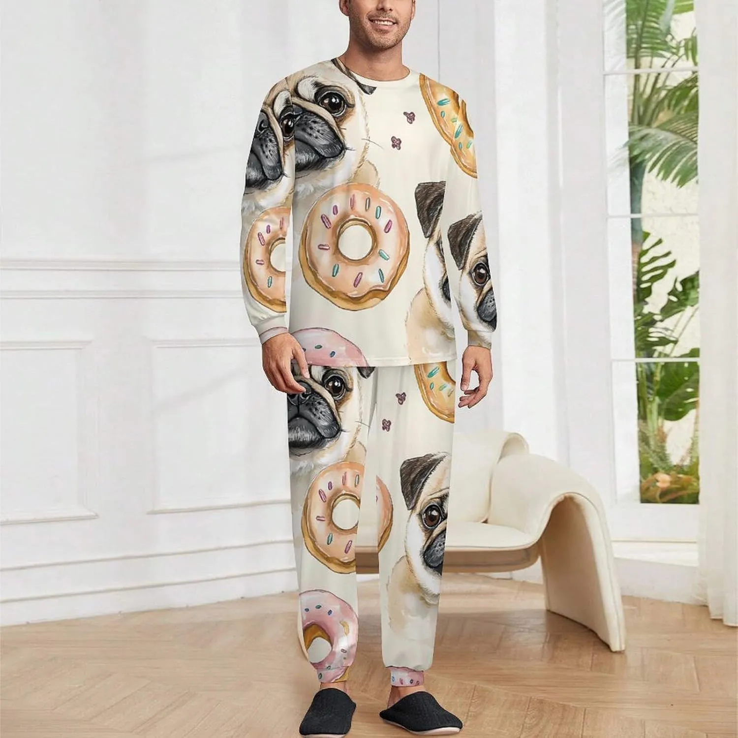 Pug And Donut Watercolor Soft Mens Pajamas Set Round Neck Pullover Long Sleeve And Pants Loungewear 2 Piece Pjs Set
