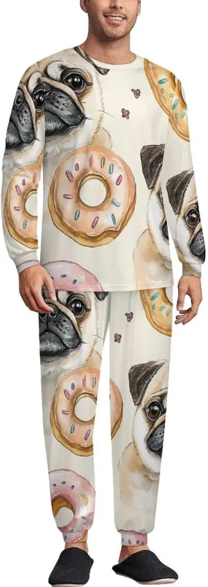 Pug And Donut Watercolor Soft Mens Pajamas Set Round Neck Pullover Long Sleeve And Pants Loungewear 2 Piece Pjs Set