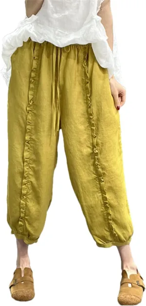 Pulcykp Linen Slim Harem Pants Literary Solid Color Loose Cotton Linen Casual Cropped Pants Women