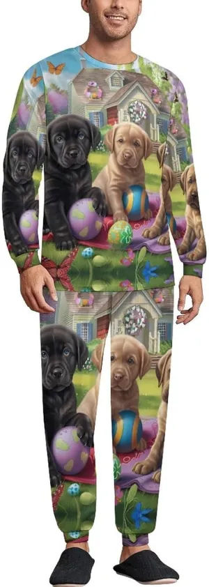 Puppies Play Tlme Men's Pajama Set Crewneck Shirts And Bottoms Soft Pjs Set Long Sleeve Sleepwear Loungewear