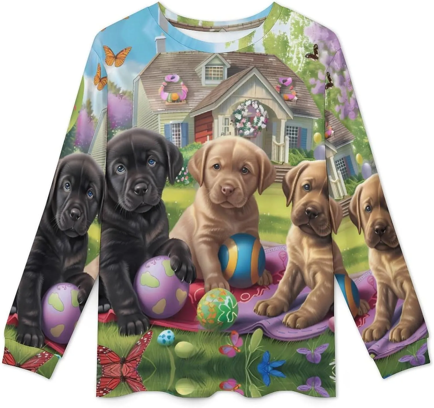 Puppies Play Tlme Men's Pajama Set Crewneck Shirts And Bottoms Soft Pjs Set Long Sleeve Sleepwear Loungewear