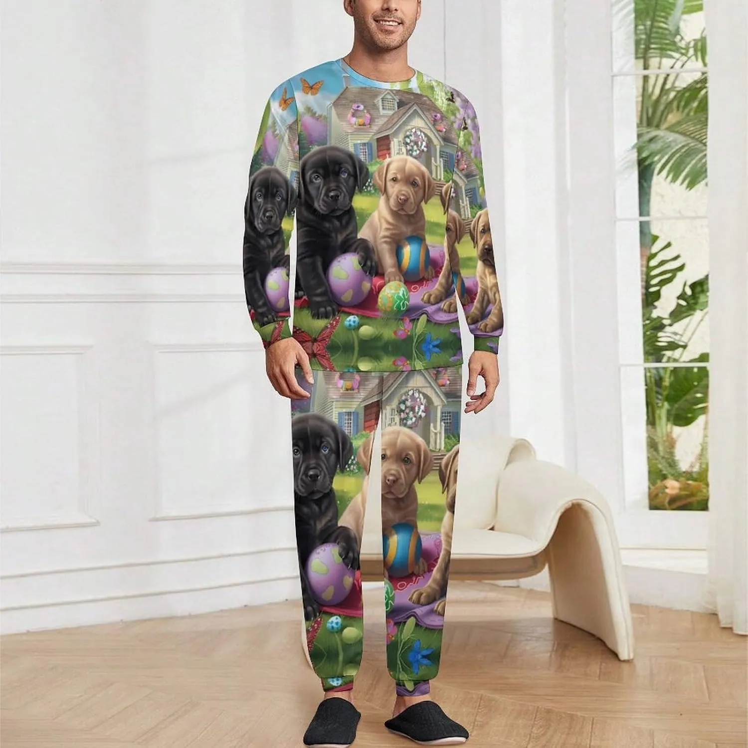 Puppies Play Tlme Men's Pajama Set Crewneck Shirts And Bottoms Soft Pjs Set Long Sleeve Sleepwear Loungewear
