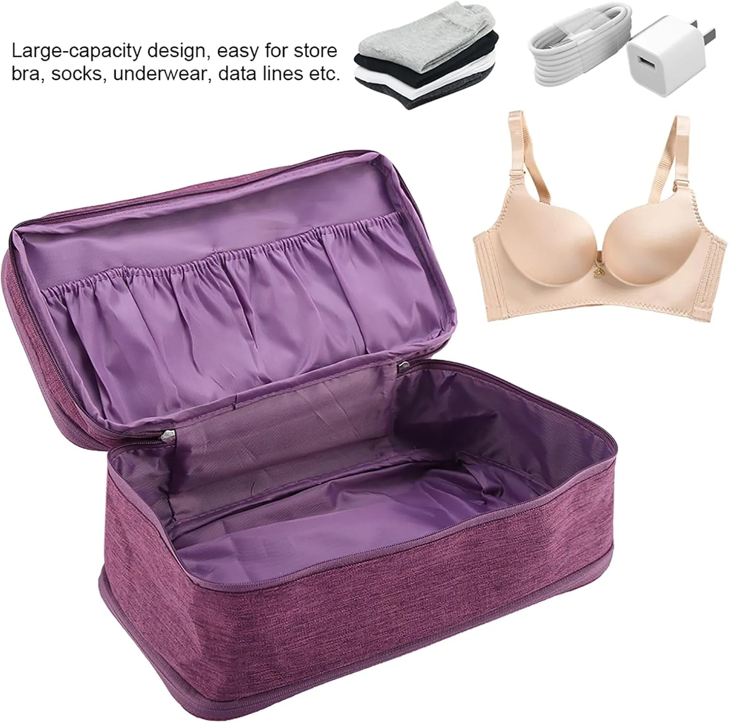 Purple Bra Storage Organizer, Travel Storage Bag, Underwear Travel Case, USB Case, Packing Cube, Cosmetic Bag for Hotel Home