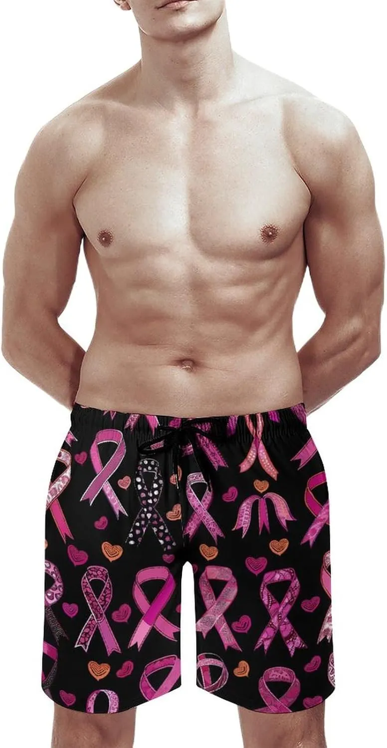 Ribbon Breast Cancer Awareness Men's Swim Trunks Quick Dry Board Shorts Breathable Summer Beach Shorts Bathing Suits