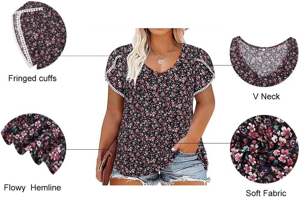 RITERA Plus Size Tops for Women Floral/Solid Color Short Sleeve V Neck with Ring Hole Summer Tshirt XL-5XL