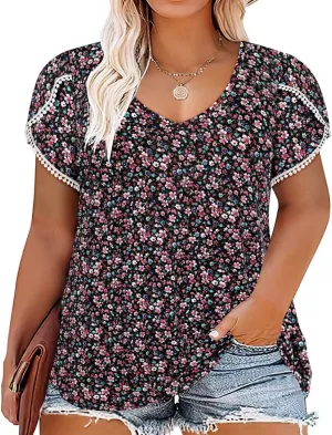 RITERA Plus Size Tops for Women Floral/Solid Color Short Sleeve V Neck with Ring Hole Summer Tshirt XL-5XL
