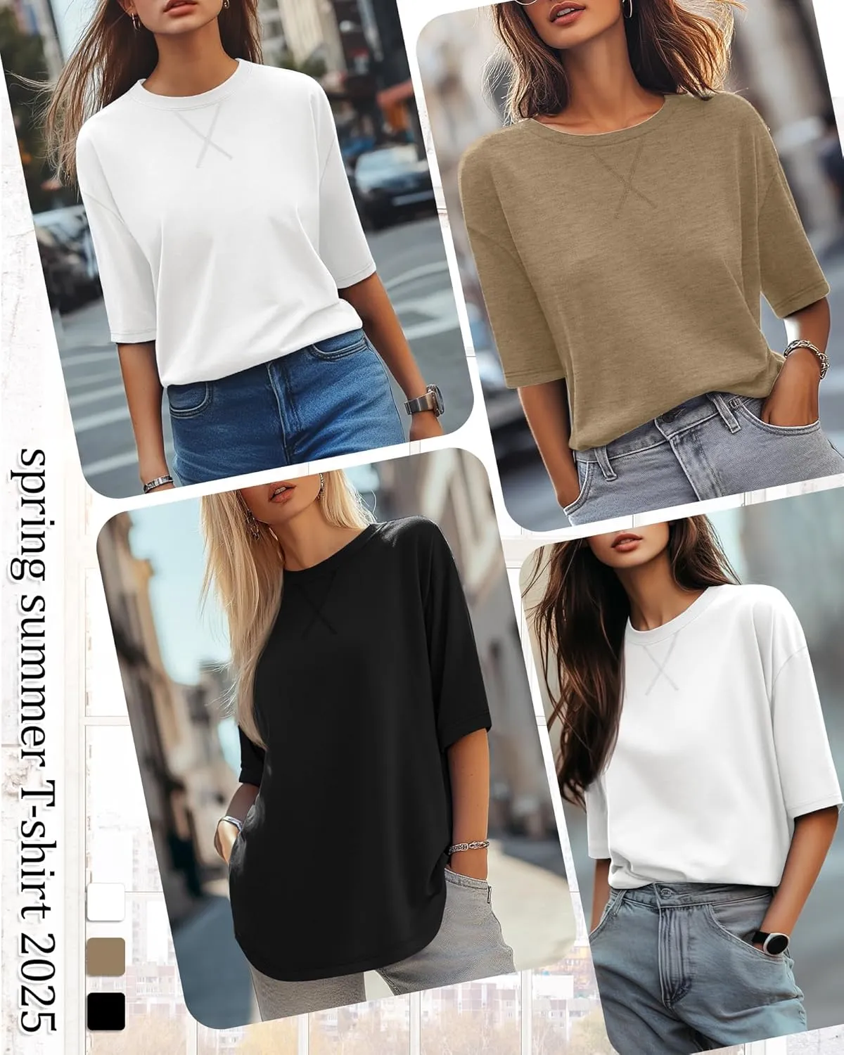 Riyiper 3 Pack Women's 3/4 Sleeve Tunic Tops Cotton Round Neck Loose Elbow Shirts Summer Curved Hem Side Split Blouse