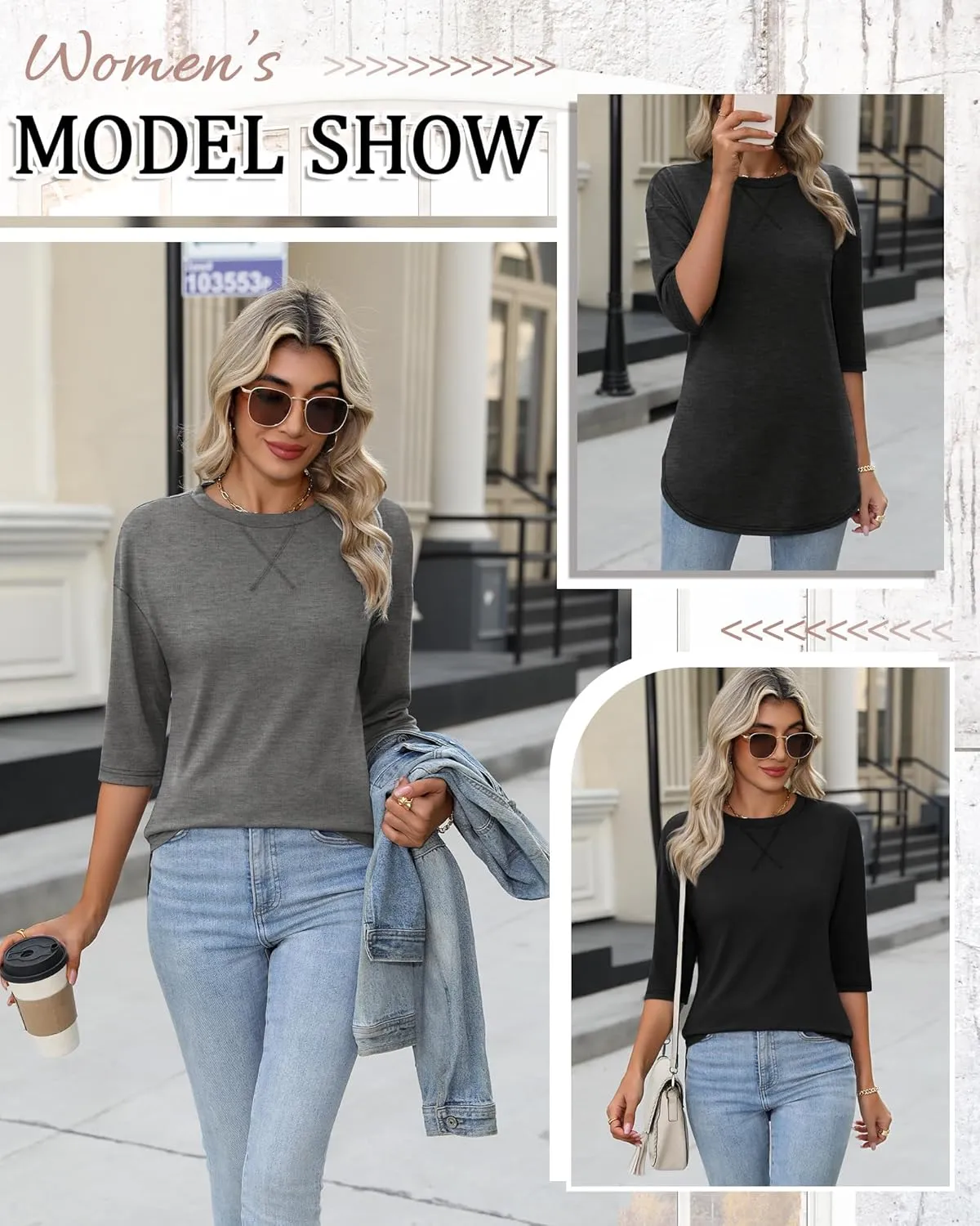 Riyiper 3 Pack Women's 3/4 Sleeve Tunic Tops Cotton Round Neck Loose Elbow Shirts Summer Curved Hem Side Split Blouse