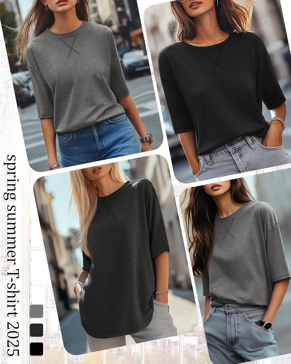 Riyiper 3 Pack Women's 3/4 Sleeve Tunic Tops Cotton Round Neck Loose Elbow Shirts Summer Curved Hem Side Split Blouse