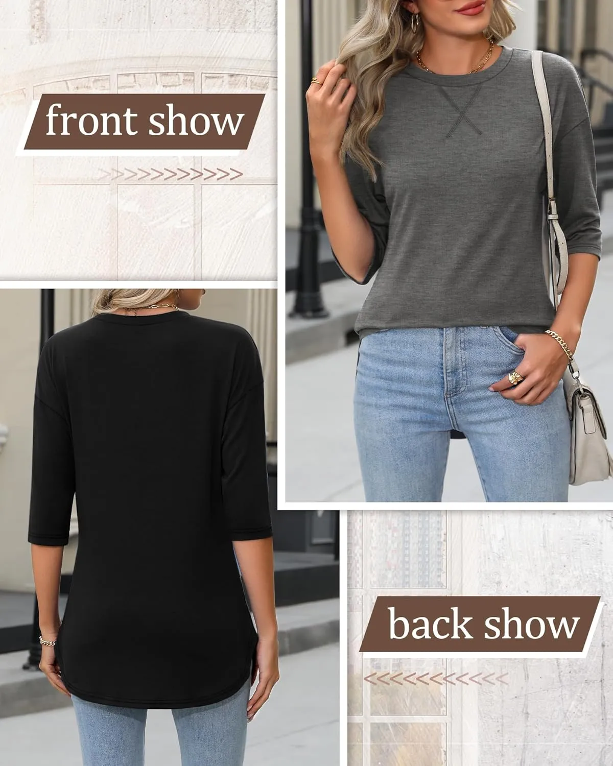 Riyiper 3 Pack Women's 3/4 Sleeve Tunic Tops Cotton Round Neck Loose Elbow Shirts Summer Curved Hem Side Split Blouse