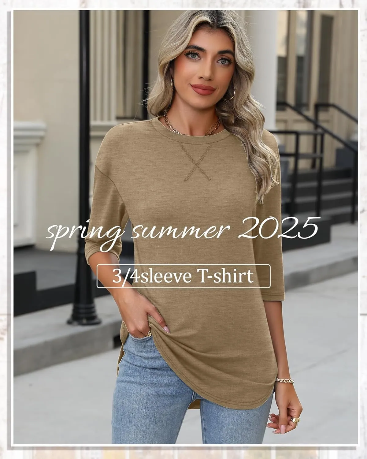 Riyiper 3 Pack Women's 3/4 Sleeve Tunic Tops Cotton Round Neck Loose Elbow Shirts Summer Curved Hem Side Split Blouse