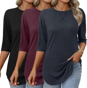 Riyiper 3 Pack Women's 3/4 Sleeve Tunic Tops Cotton Round Neck Loose Elbow Shirts Summer Curved Hem Side Split Blouse