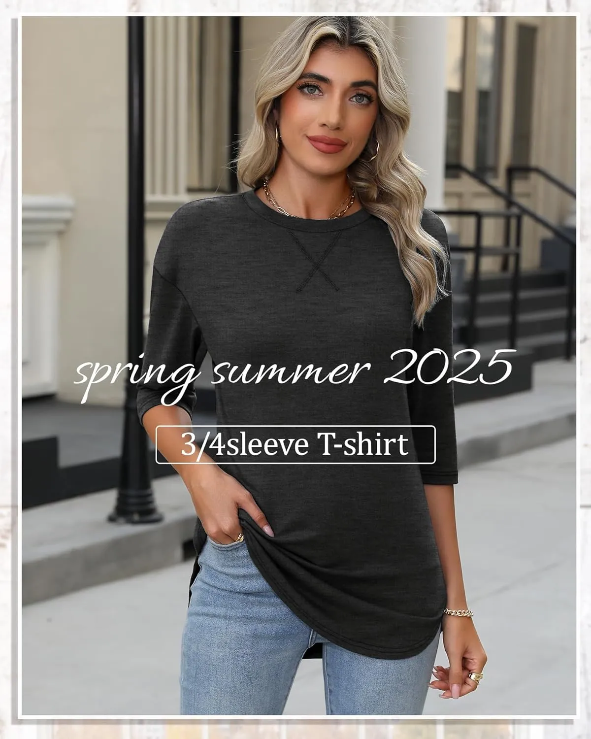 Riyiper 3 Pack Women's 3/4 Sleeve Tunic Tops Cotton Round Neck Loose Elbow Shirts Summer Curved Hem Side Split Blouse