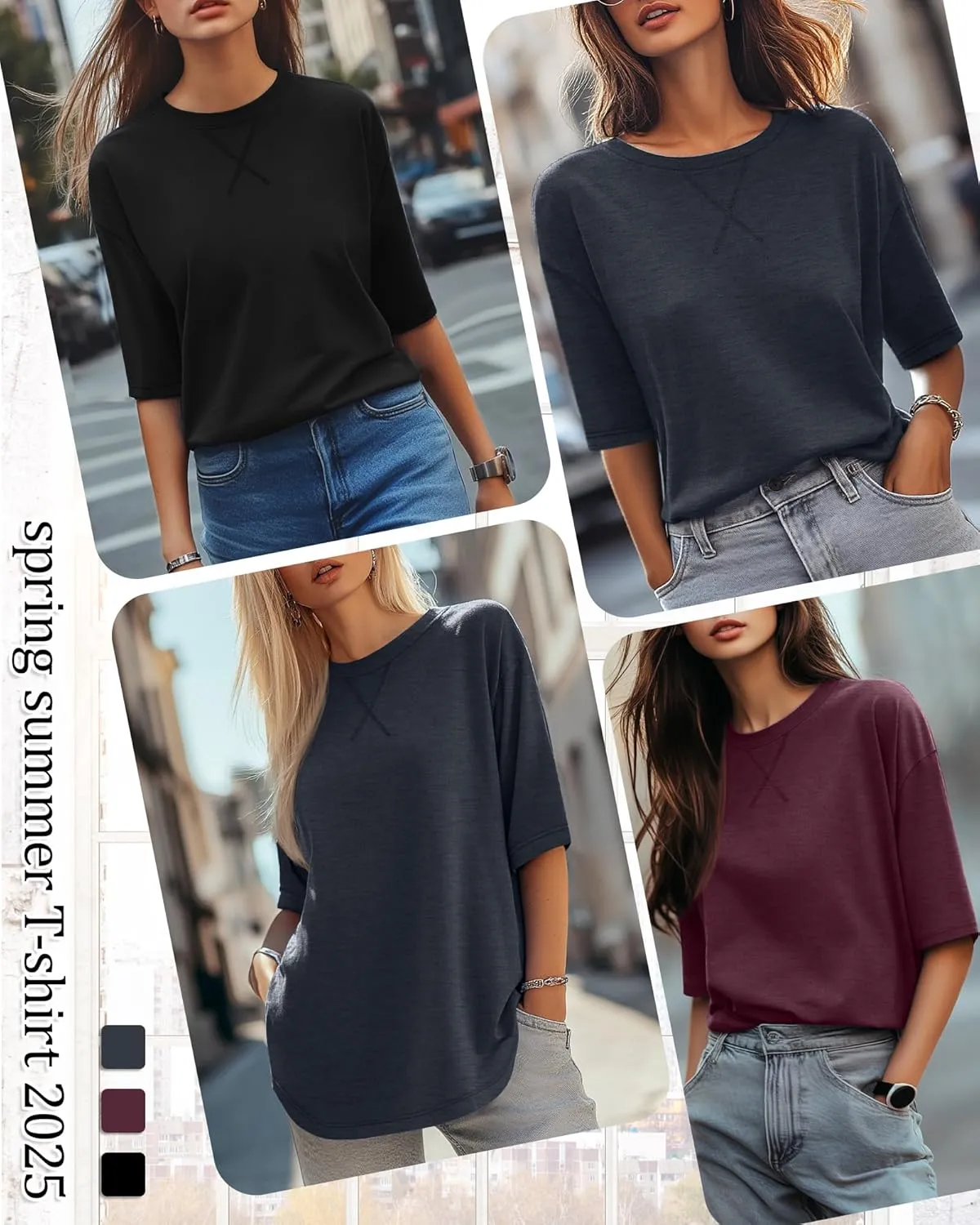 Riyiper 3 Pack Women's 3/4 Sleeve Tunic Tops Cotton Round Neck Loose Elbow Shirts Summer Curved Hem Side Split Blouse