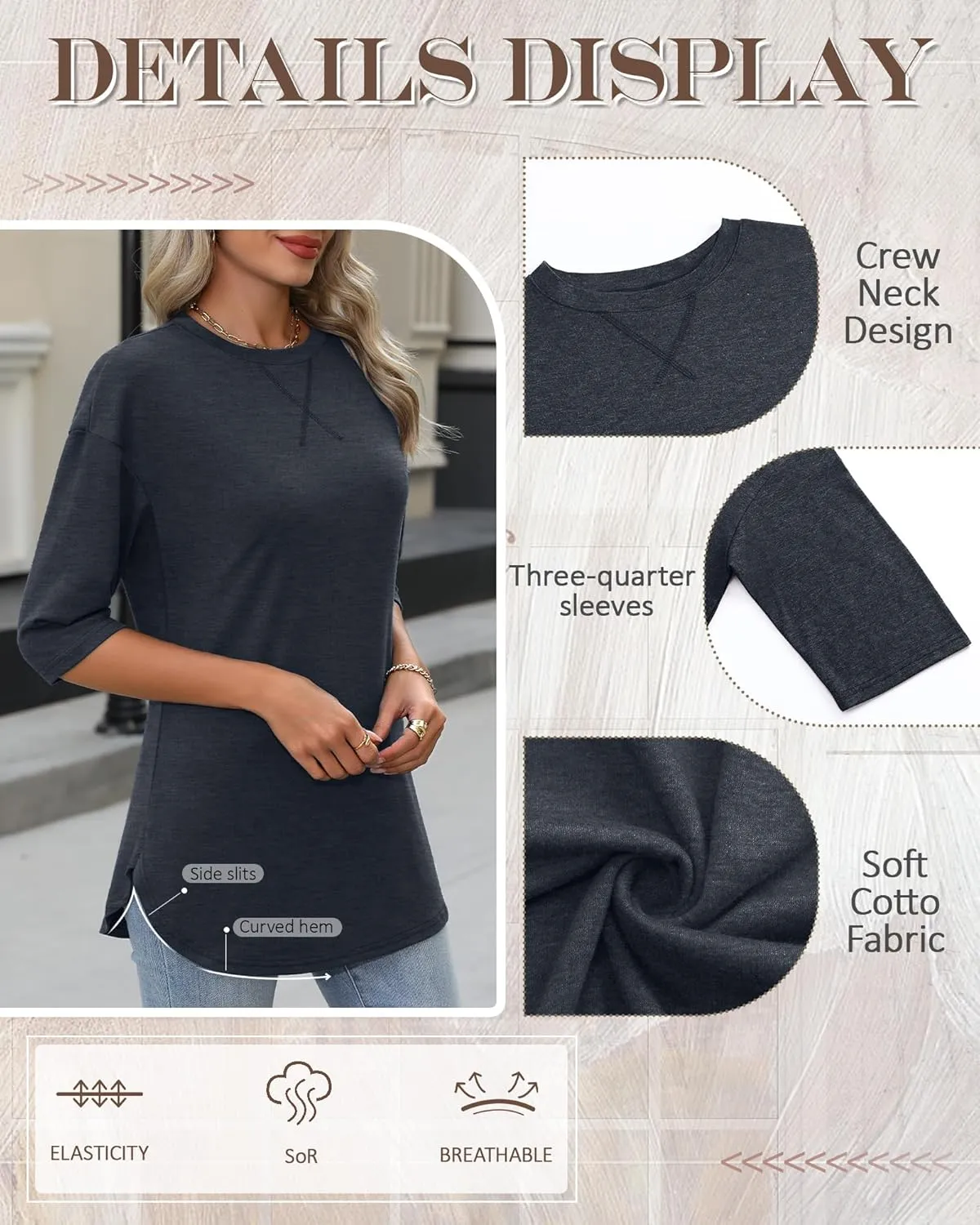 Riyiper 3 Pack Women's 3/4 Sleeve Tunic Tops Cotton Round Neck Loose Elbow Shirts Summer Curved Hem Side Split Blouse
