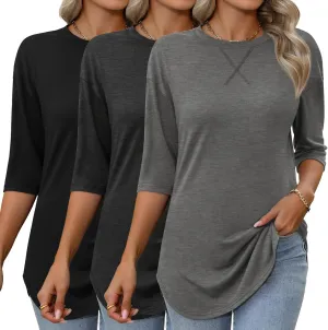 Riyiper 3 Pack Women's 3/4 Sleeve Tunic Tops Cotton Round Neck Loose Elbow Shirts Summer Curved Hem Side Split Blouse