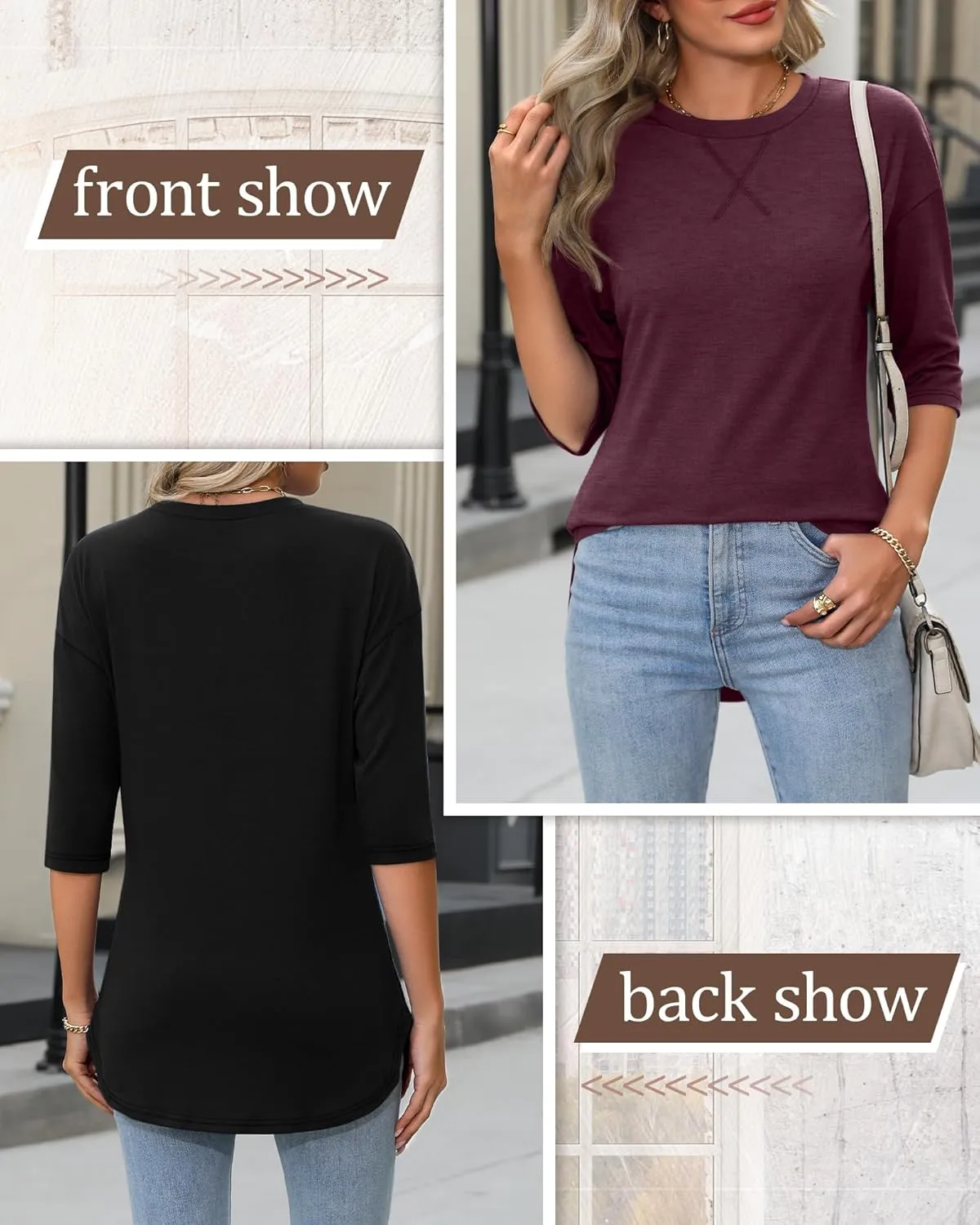 Riyiper 3 Pack Women's 3/4 Sleeve Tunic Tops Cotton Round Neck Loose Elbow Shirts Summer Curved Hem Side Split Blouse