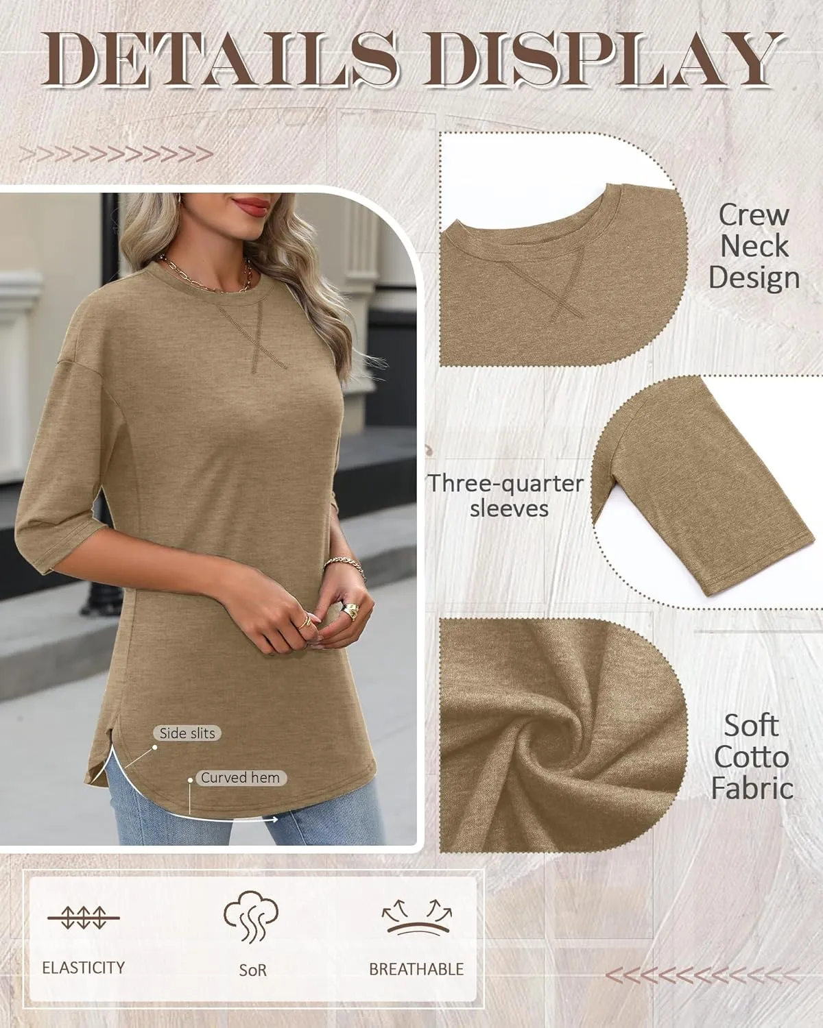 Riyiper 3 Pack Women's 3/4 Sleeve Tunic Tops Cotton Round Neck Loose Elbow Shirts Summer Curved Hem Side Split Blouse