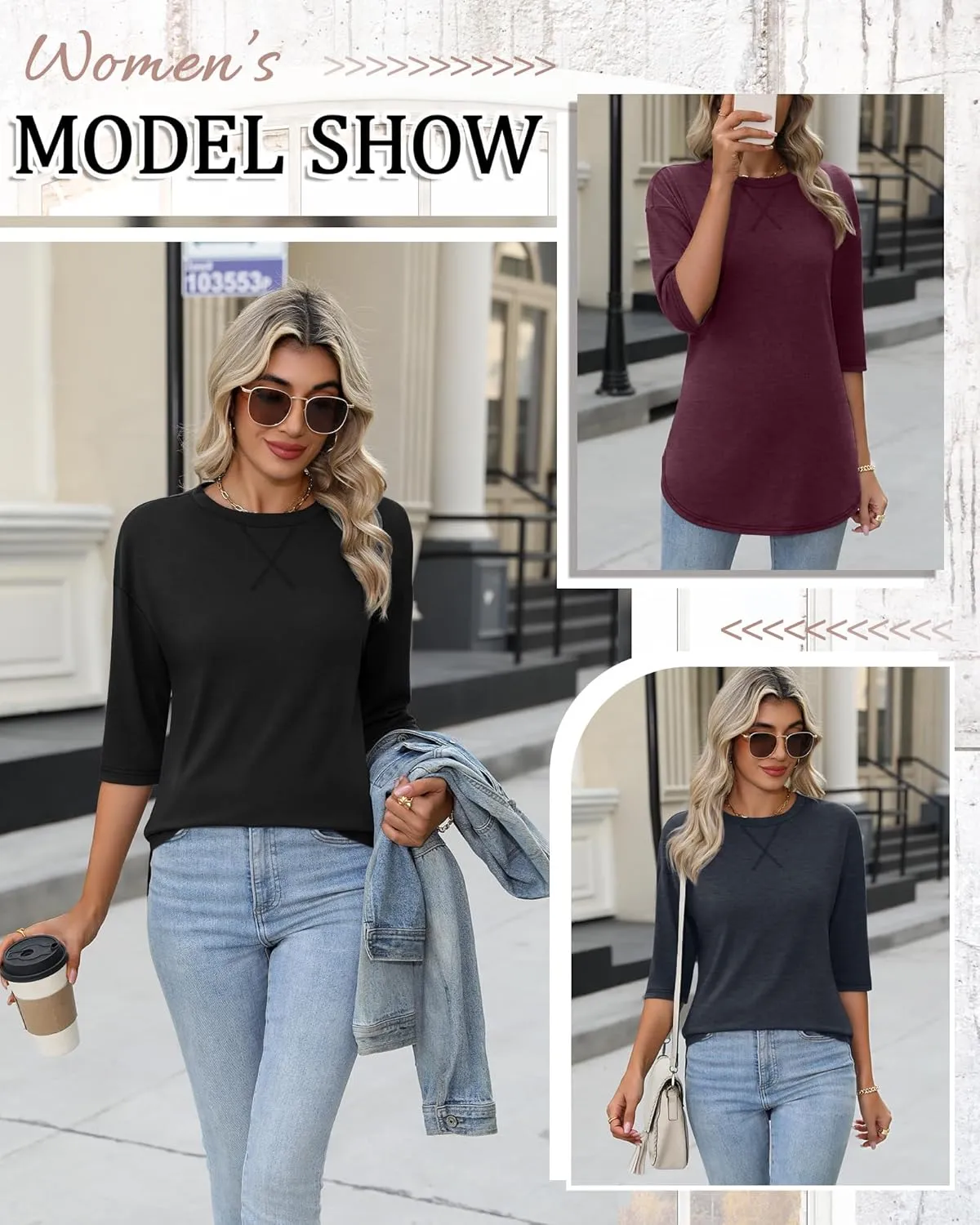 Riyiper 3 Pack Women's 3/4 Sleeve Tunic Tops Cotton Round Neck Loose Elbow Shirts Summer Curved Hem Side Split Blouse