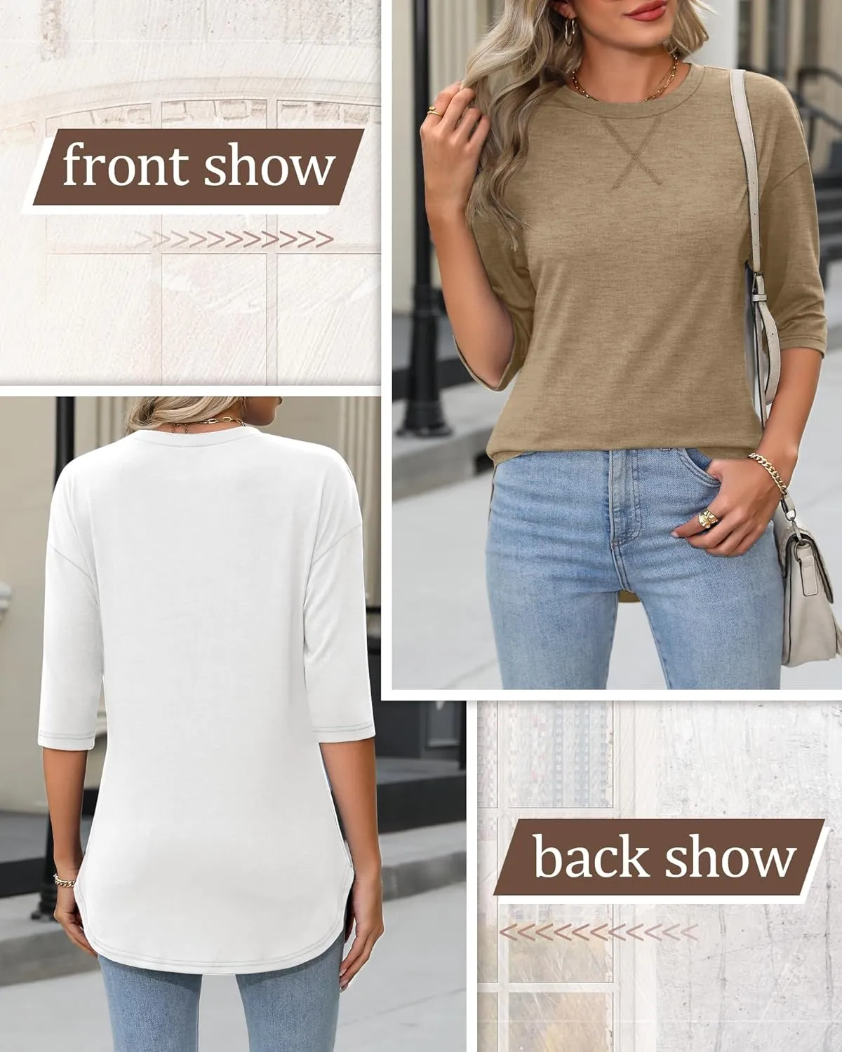Riyiper 3 Pack Women's 3/4 Sleeve Tunic Tops Cotton Round Neck Loose Elbow Shirts Summer Curved Hem Side Split Blouse